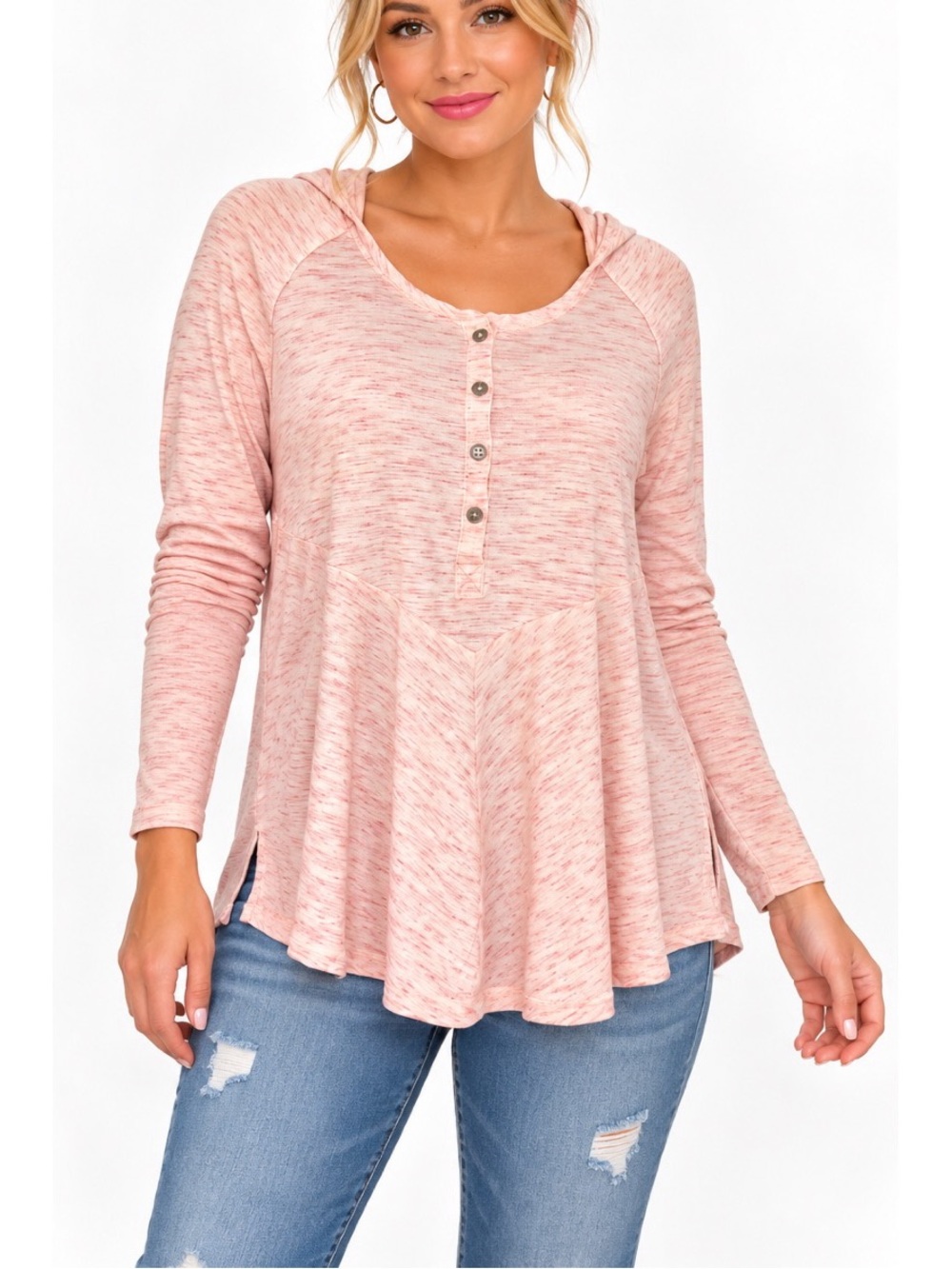 Columbia Pink Heathered Hooded Henley Top- Small